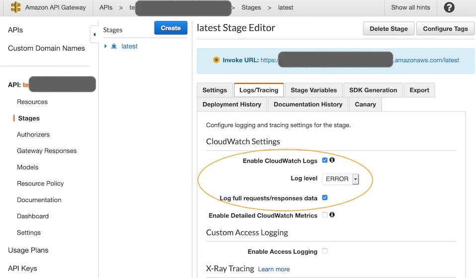 apigateway set up log